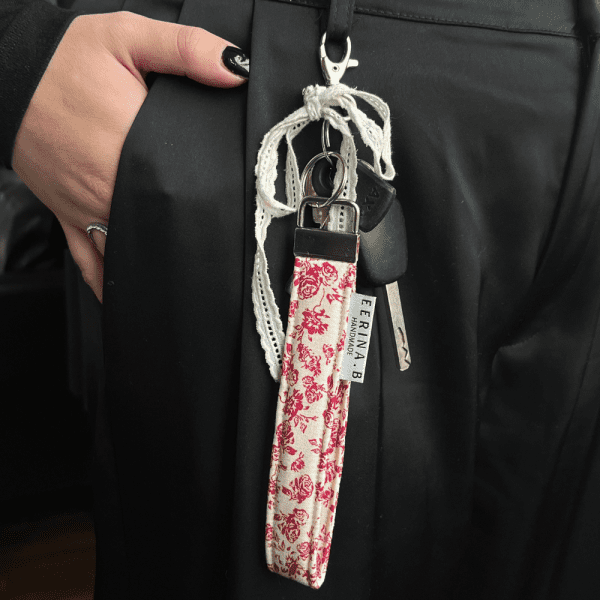 Long Keychain - Vintage Velvet Roses Dark Red